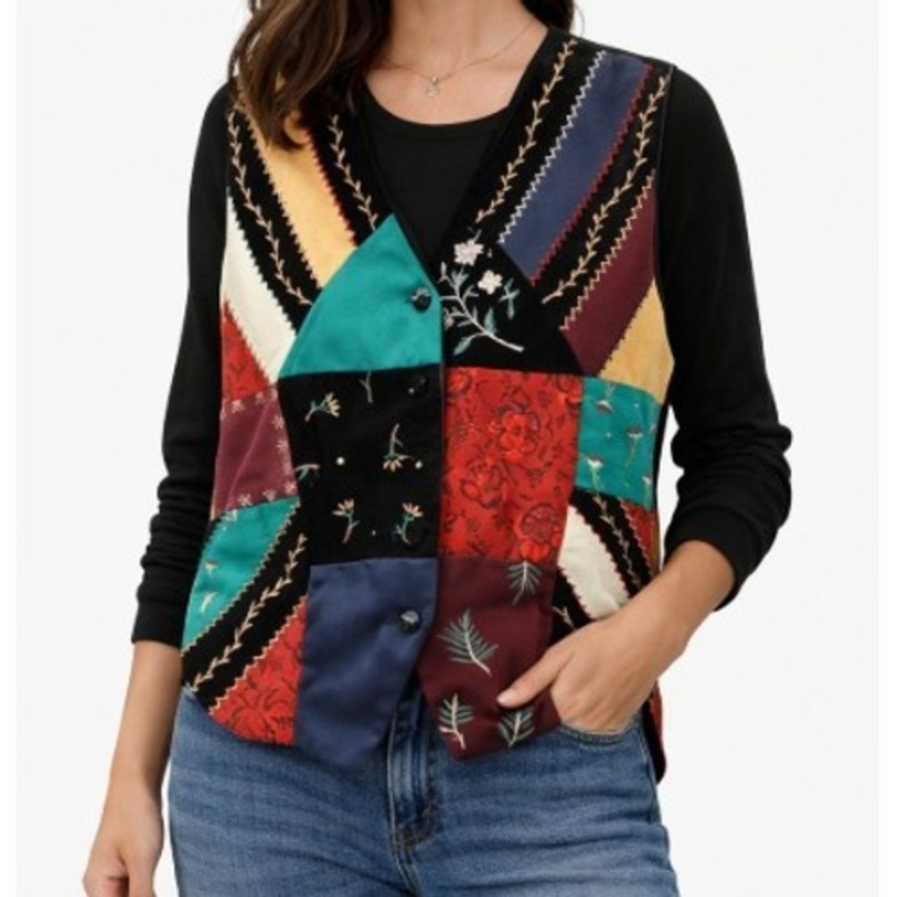 Vintage Susan Bristol Patchwork Crazy Quilt Vest Womens M Multicolor Art To Wear